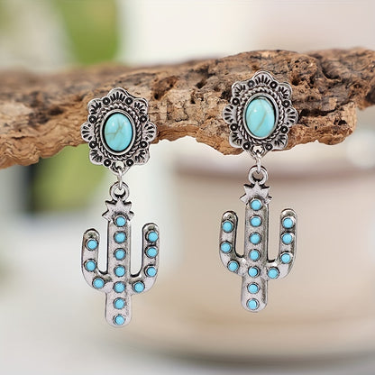 Ladies Fancy Cactus Design Antique Copper Turquoise Earrings Western Exaggerated Pendant Earrings