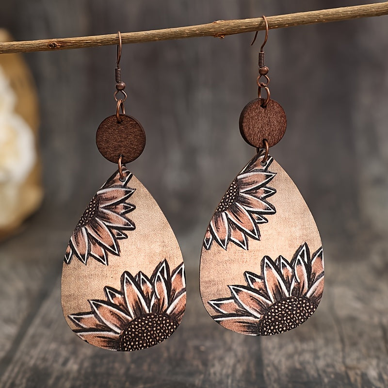 Droplet Sunflower Print Pendant Earrings Vintage Bohemian Wooden Jewelry Fashion Women's Earrings