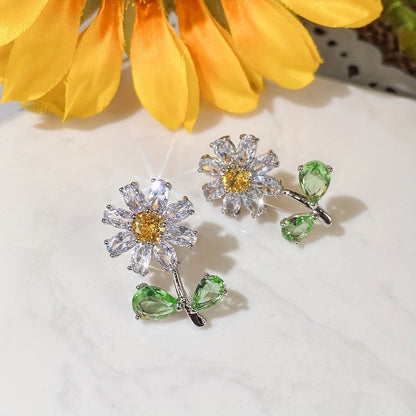 Creative design flower-shaped yellow faux gemstone 925 silver-plated Zirconia stud earrings, ladies birthday party gift jewelry