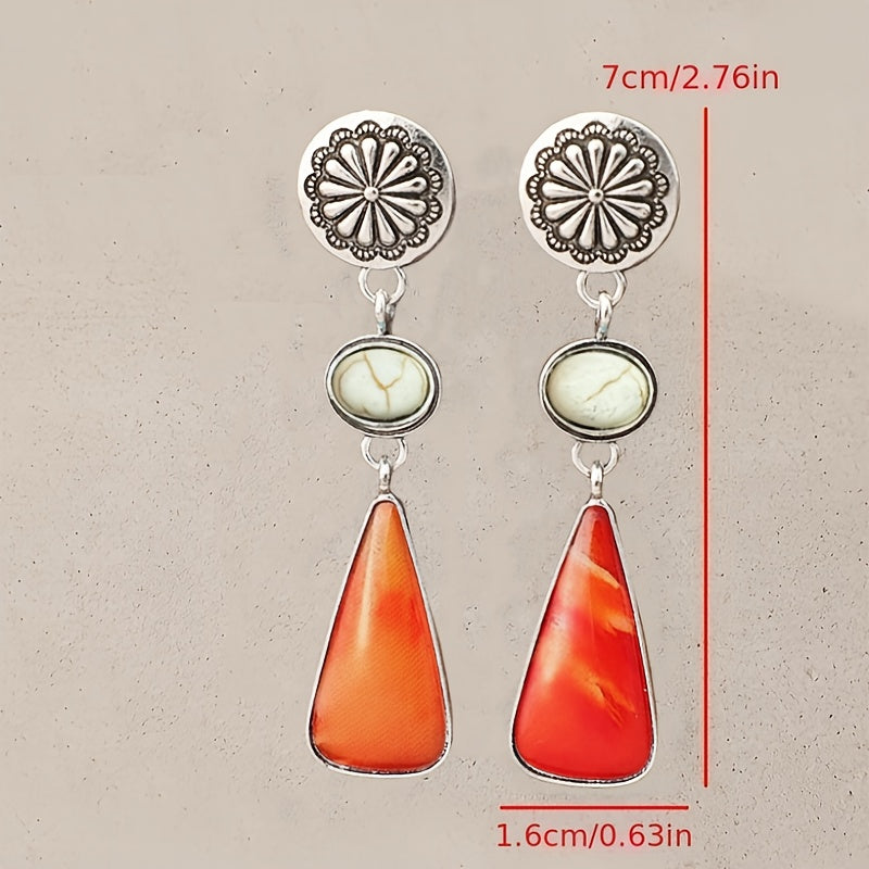 1 pair of bohemian lapis lazuli fringed earrings, vintage western ladies gift, alloy iron earplugs, silver tone, carved lapis lazuli resin lop earrings