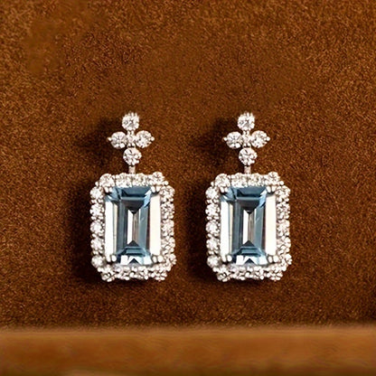 Elegant flower design, square sparkling light blue synthetic diamond earrings, vintage style fashion jewelry, suitable for women, events and casual daily wear accessories