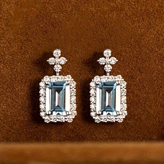 Elegant flower design, square sparkling light blue synthetic diamond earrings, vintage style fashion jewelry, suitable for women, events and casual daily wear accessories