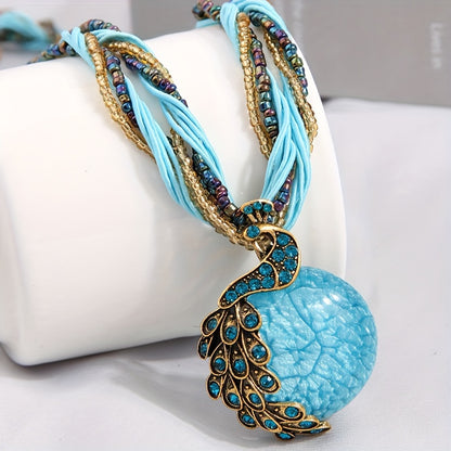 Bohemian style retro socialite peacock blue rice bead multi-layer short necklace imitation stone pendant necklace Women's jewelry gift