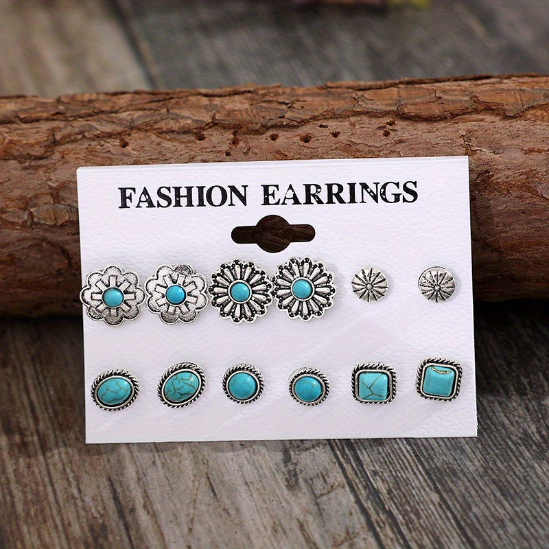 6 pairs of ethnic style flower geometric earrings set