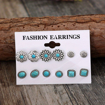 6 pairs of ethnic style flower geometric earrings set
