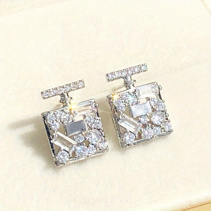 Ladies Daily Party Lover Gift Jewelry Unique Square Zircon Design Stud Earrings