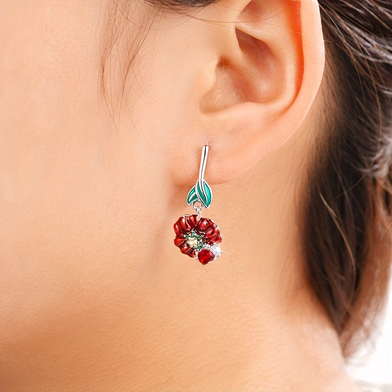 Women's red flower zircon drop earrings, romantic wedding party jewelry