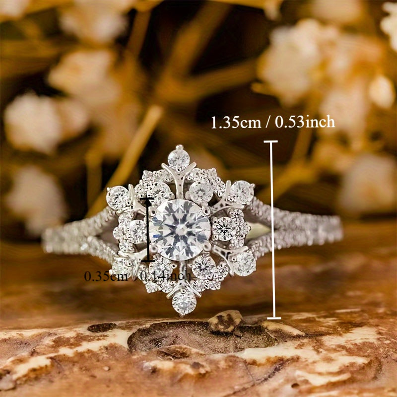 Exquisite Promise Ring, Sparkling Snowflake Design, Silver Plated Zircon, Engagement/Wedding Ring, Dinner Decor