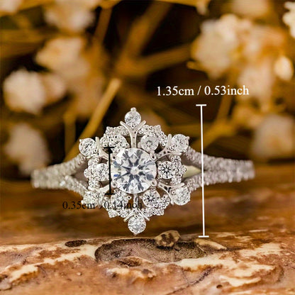 Exquisite Promise Ring, Sparkling Snowflake Design, Silver Plated Zircon, Engagement/Wedding Ring, Dinner Decor