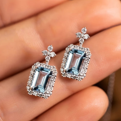 Elegant flower design, square sparkling light blue synthetic diamond earrings, vintage style fashion jewelry, suitable for women, events and casual daily wear accessories