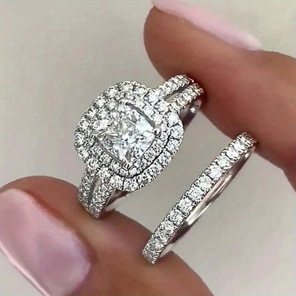 2-Piece Bridal Ring Set, Ladies Silver Zircon Ring, Romantic Engagement and Proposal Gift Jewelry