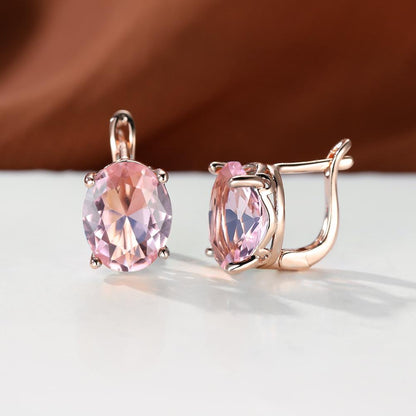 1 pair of rose gold oval zircon earrings, pink, white, blue, green gemstone earrings, women's pendant earrings, wedding jewelry.