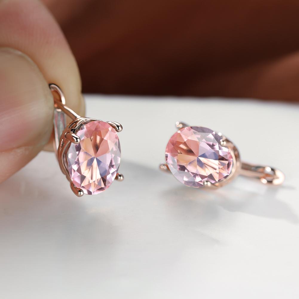 1 pair of rose gold oval zircon earrings, pink, white, blue, green gemstone earrings, women's pendant earrings, wedding jewelry.