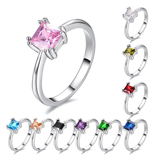 Jewelry gifts showcase square rings in different colors, such as white, blue, pink, and green, designed for Women's fashion and wedding rings.