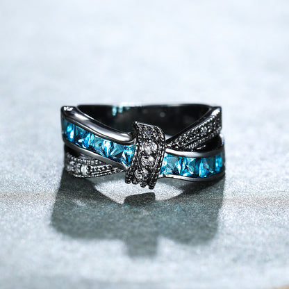 Blue zirconia Cross Wedding Ring 18K Gold Plated Jewelry Gift For Women Bride