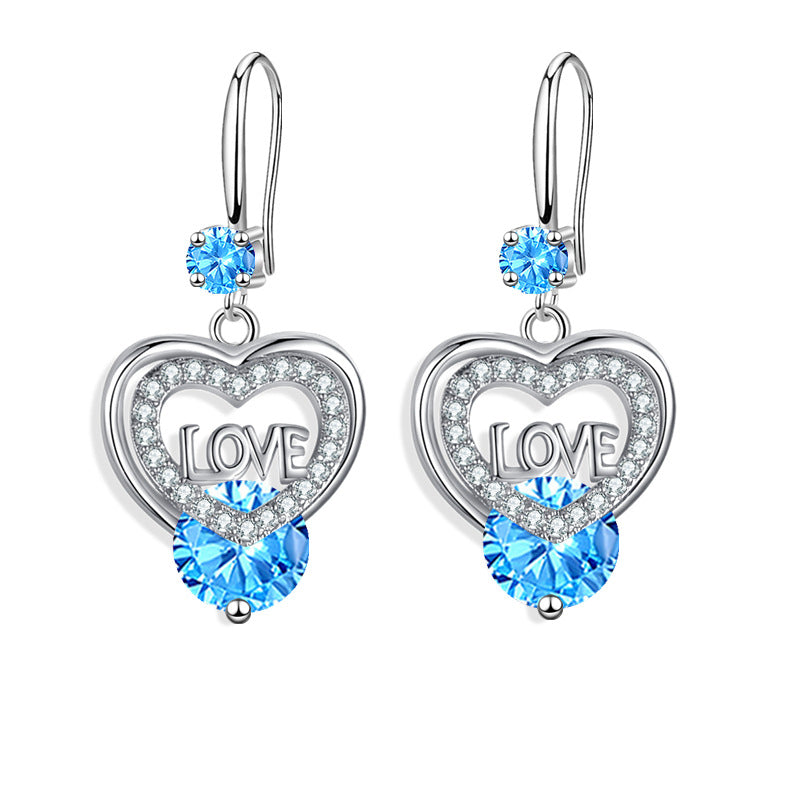 1 pair of elegant heart-shaped hanging earrings set with sparkling blue gemstones and "I Love You" inscription - copper, perfect for weddings and Valentine's Day gifts, lovely earrings