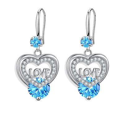 1 pair of elegant heart-shaped hanging earrings set with sparkling blue gemstones and "I Love You" inscription - copper, perfect for weddings and Valentine's Day gifts, lovely earrings