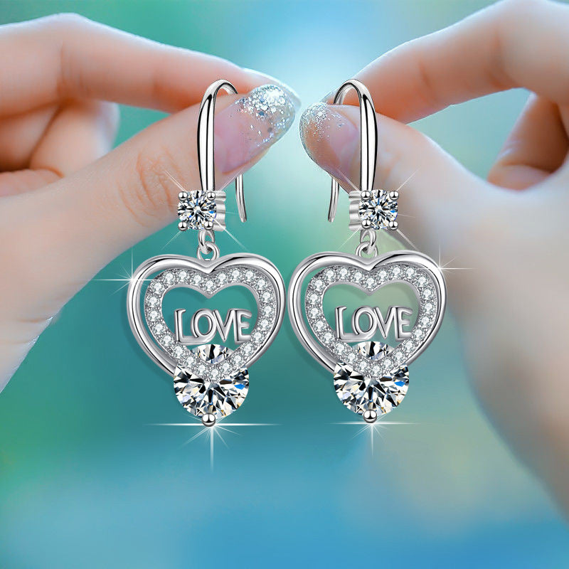 1 pair of elegant heart-shaped hanging earrings set with sparkling blue gemstones and "I Love You" inscription - copper, perfect for weddings and Valentine's Day gifts, lovely earrings