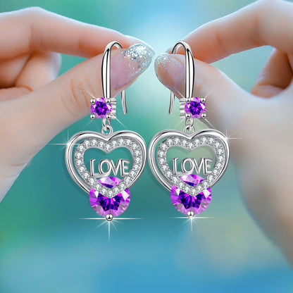 1 pair of elegant heart-shaped hanging earrings set with sparkling blue gemstones and "I Love You" inscription - copper, perfect for weddings and Valentine's Day gifts, lovely earrings