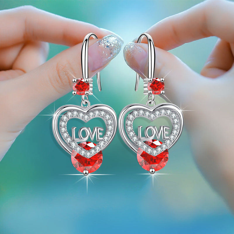 1 pair of elegant heart-shaped hanging earrings set with sparkling blue gemstones and "I Love You" inscription - copper, perfect for weddings and Valentine's Day gifts, lovely earrings