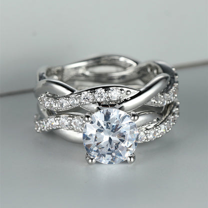 Shiny Bridal Ring Set Inlaid Round Cut zirconia 18K Gold Plated Copper Wedding Promise Ring Set 2 Pcs