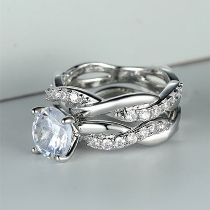 Shiny Bridal Ring Set Inlaid Round Cut zirconia 18K Gold Plated Copper Wedding Promise Ring Set 2 Pcs