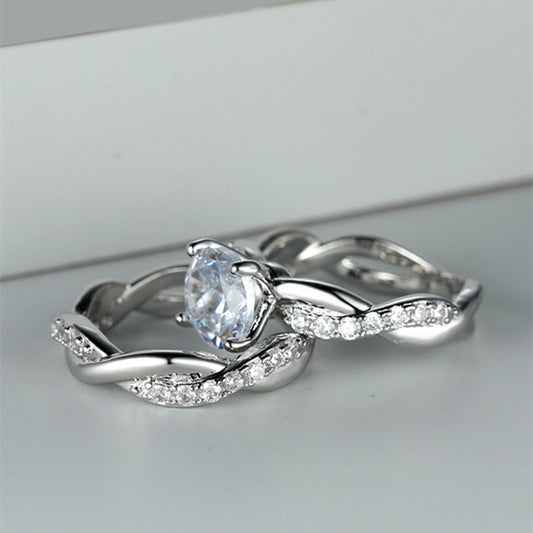 Shiny Bridal Ring Set Inlaid Round Cut zirconia 18K Gold Plated Copper Wedding Promise Ring Set 2 Pcs