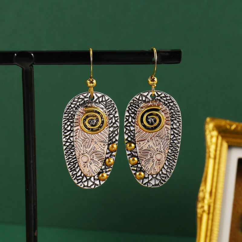 Bohemian pierced hanging earrings pattern metal engraving oval pendant earrings fashion hook earrings