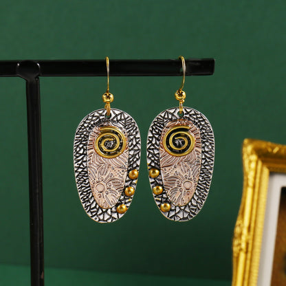 Bohemian pierced hanging earrings pattern metal engraving oval pendant earrings fashion hook earrings