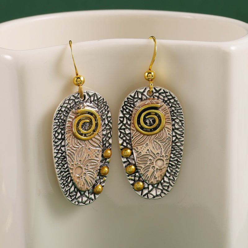 Bohemian pierced hanging earrings pattern metal engraving oval pendant earrings fashion hook earrings