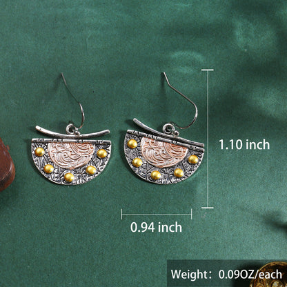 Classical semi-circular fan-shaped metal engraved pattern pendant earrings personalized design 1 pair