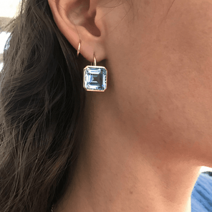 Elegant and luxurious 14K gold-plated zinc alloy square pendant earrings with synthetic sky blue Zirconia, Women's fashion jewelry