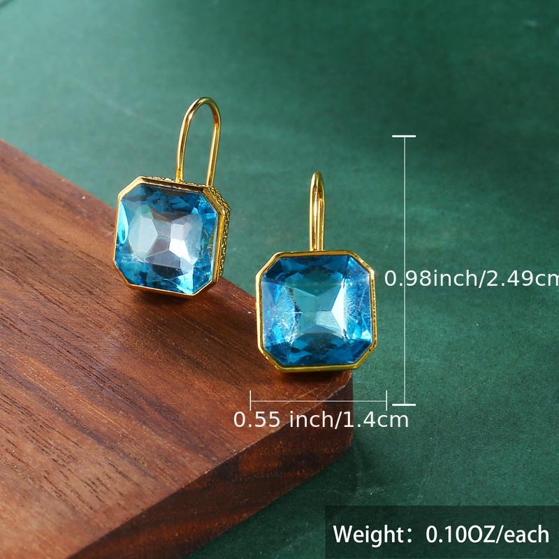 Elegant and luxurious 14K gold-plated zinc alloy square pendant earrings with synthetic sky blue Zirconia, Women's fashion jewelry