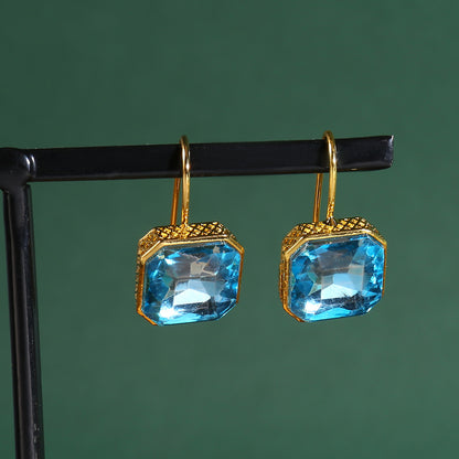 Elegant and luxurious 14K gold-plated zinc alloy square pendant earrings with synthetic sky blue Zirconia, Women's fashion jewelry