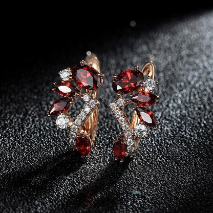 Colorful birthday gemstone pendant earrings, horse eye cut red purple olive emerald earrings, flower and leaf exquisite earrings gift.