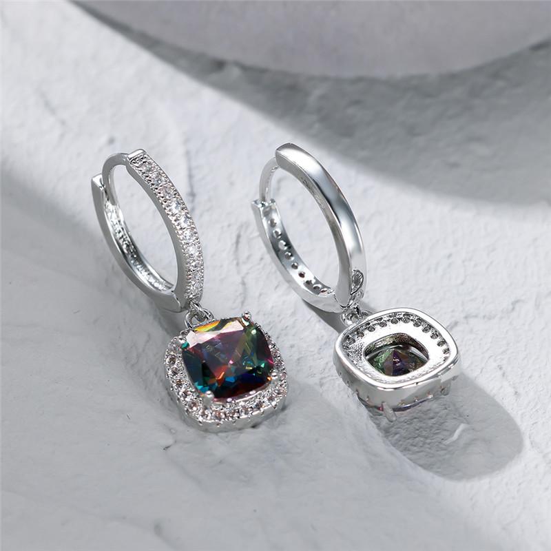 Square Cut Multicolor Zirconia Drop Ring Earrings, Ladies, Silver, Engagement Gifts, Jewelry, Valentine's Day Accessories