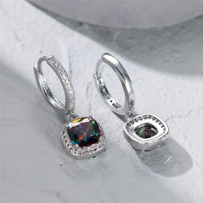 Square Cut Multicolor Zirconia Drop Ring Earrings, Ladies, Silver, Engagement Gifts, Jewelry, Valentine's Day Accessories