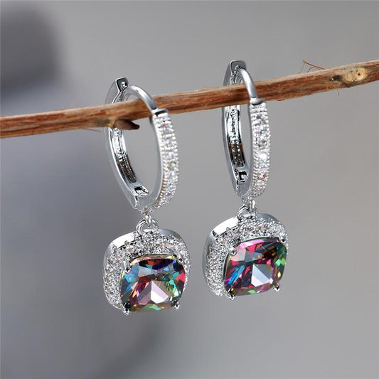 Square Cut Multicolor Zirconia Drop Ring Earrings, Ladies, Silver, Engagement Gifts, Jewelry, Valentine's Day Accessories