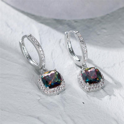 Square Cut Multicolor Zirconia Drop Ring Earrings, Ladies, Silver, Engagement Gifts, Jewelry, Valentine's Day Accessories