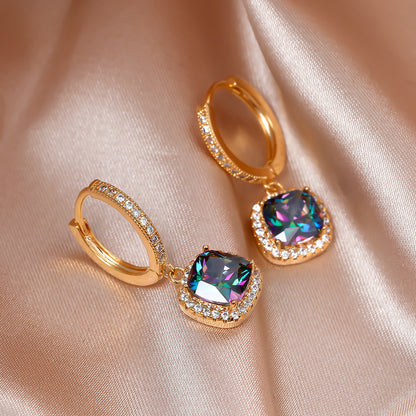 Square Cut Multicolor Zirconia Drop Ring Earrings, Ladies, Silver, Engagement Gifts, Jewelry, Valentine's Day Accessories