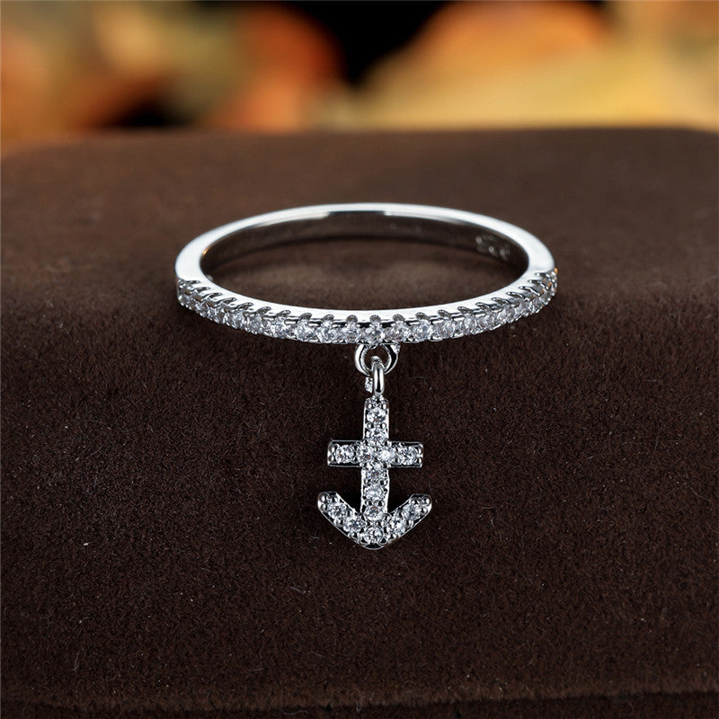 Elegant 18K gold copper plated anchor ring with synthetic zircon for women's daily wear, resort style, Valentine's Day gifts, all-season jewelry