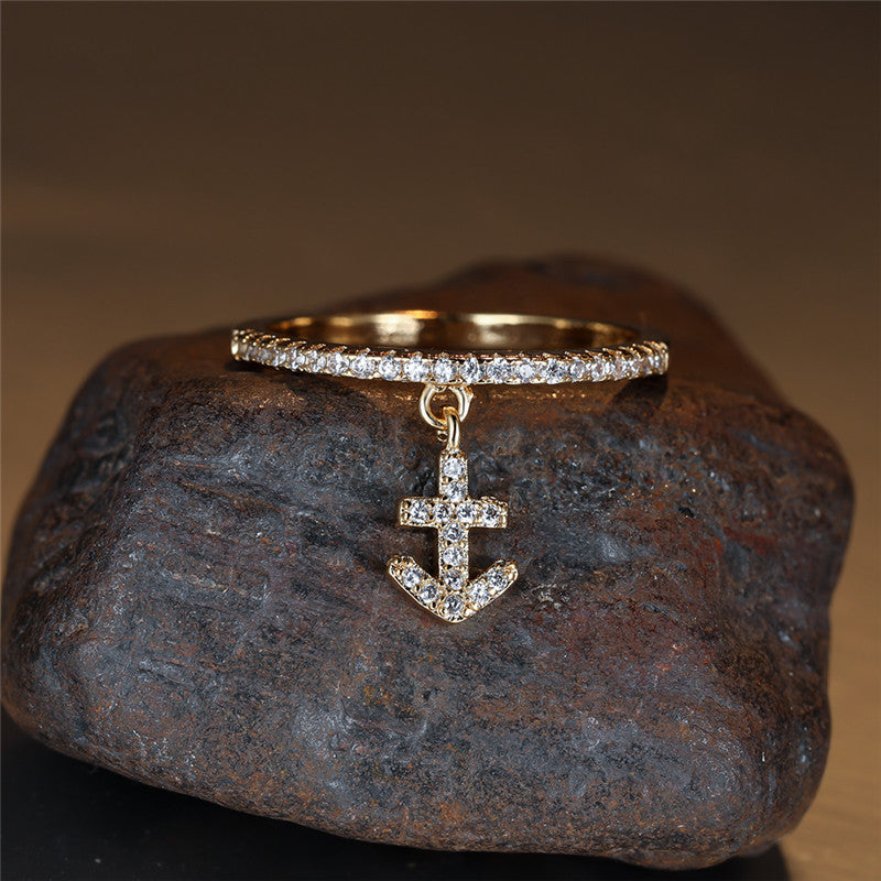 Elegant 18K gold copper plated anchor ring with synthetic zircon for women's daily wear, resort style, Valentine's Day gifts, all-season jewelry