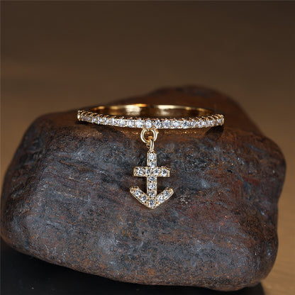 Elegant 18K gold copper plated anchor ring with synthetic zircon for women's daily wear, resort style, Valentine's Day gifts, all-season jewelry