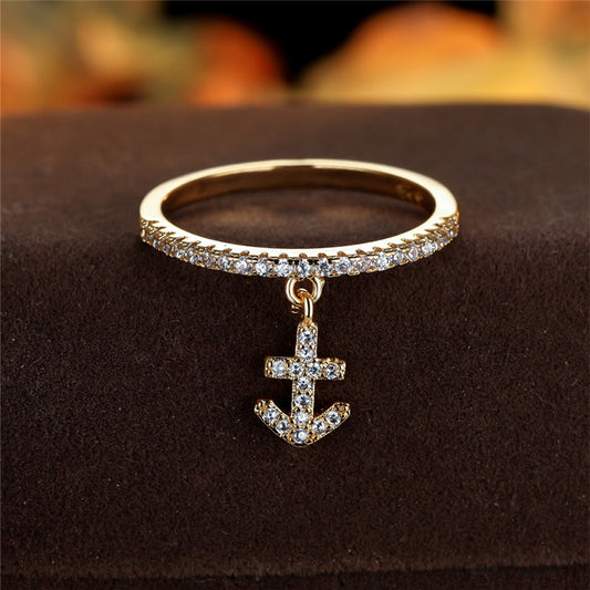 Elegant 18K gold copper plated anchor ring with synthetic zircon for women's daily wear, resort style, Valentine's Day gifts, all-season jewelry