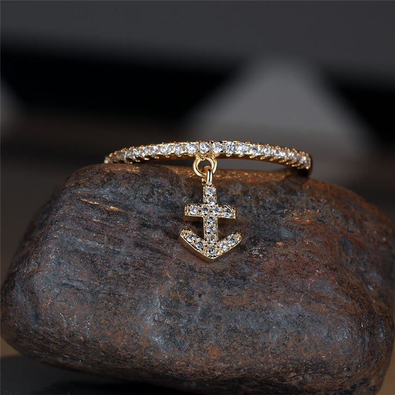 Elegant 18K gold copper plated anchor ring with synthetic zircon for women's daily wear, resort style, Valentine's Day gifts, all-season jewelry