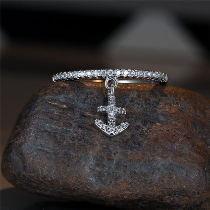 Elegant 18K gold copper plated anchor ring with synthetic zircon for women's daily wear, resort style, Valentine's Day gifts, all-season jewelry