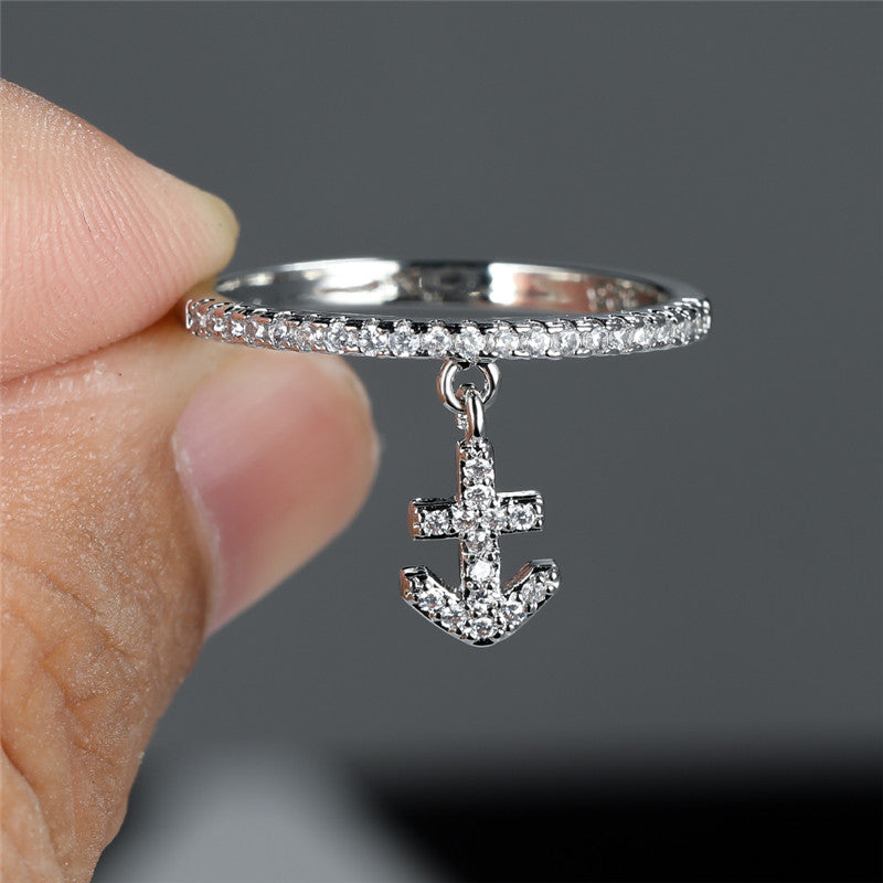 Elegant 18K gold copper plated anchor ring with synthetic zircon for women's daily wear, resort style, Valentine's Day gifts, all-season jewelry