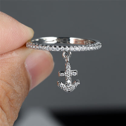 Elegant 18K gold copper plated anchor ring with synthetic zircon for women's daily wear, resort style, Valentine's Day gifts, all-season jewelry