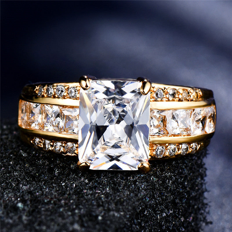 Elegant 18K Gold Copper Plated Ring with Synthetic Square Crystal Diamond, Rectangle Cut Engagement Princess Love Ring, Valentine's Day Gift, Perfect for Everyday Wear and Holidays