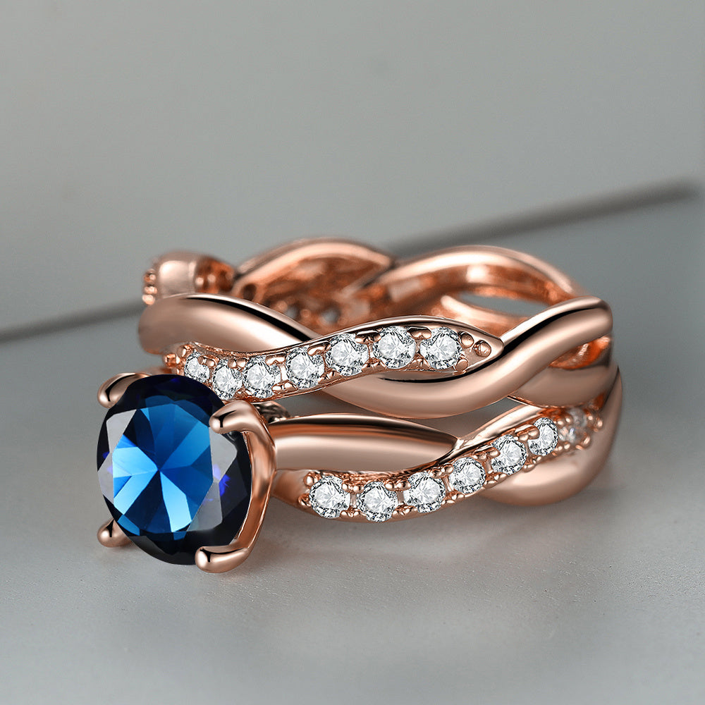 Rose Golden Ring Inlaid Ocean Blue zirconia 18k Gold Plated Cross Ring Table Evening Party Decor Engagement Wedding Ring